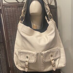 Emma Fox Cream Leather Shoulder Hobo with Braided Trim